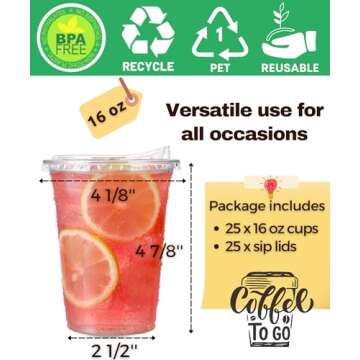 16 oz Clear Plastic Cups with Strawless-Sip-Lids, 25 Sets Disposable Cups Plastic Iced Coffee Cups, To Go Cups with Sip Through Lids for Smoothie, Milkshake, Cold Drinks for Party, Wedding, Event