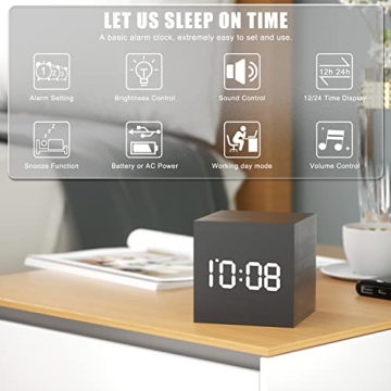 WulaWindy Digital Alarm Clock Wood LED Light Modern Cube