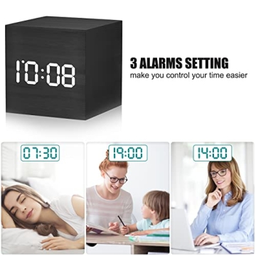 WulaWindy Digital Alarm Clock Wood LED Light Modern Cube