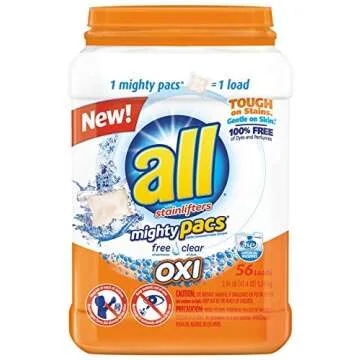 all Mighty Pacs Laundry Detergent with OXI Stain Removers and Whiteners, Free Clear, Pouch, 56 Count