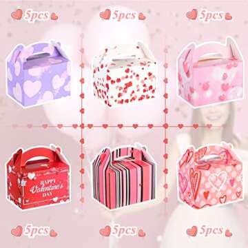 Epakh Sets of 30 Valentine's Day Treat Boxes with Heart Tags and Ribbons, Pink Heart Prints Goodie B...