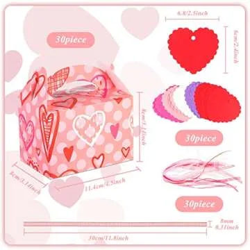 Epakh Sets of 30 Valentine's Day Treat Boxes with Heart Tags and Ribbons, Pink Heart Prints Goodie Box Valentines Candy Cookie Containers for Valentine's Day Party Favor
