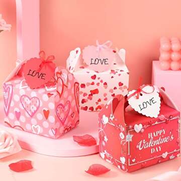 Epakh Sets of 30 Valentine's Day Treat Boxes with Heart Tags and Ribbons, Pink Heart Prints Goodie Box Valentines Candy Cookie Containers for Valentine's Day Party Favor