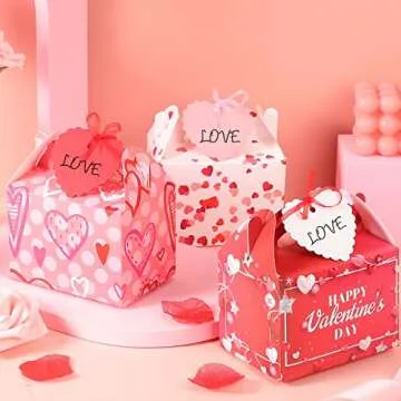 Epakh Sets of 30 Valentine's Day Treat Boxes with Heart Tags and Ribbons, Pink Heart Prints Goodie Box Valentines Candy Cookie Containers for Valentine's Day Party Favor