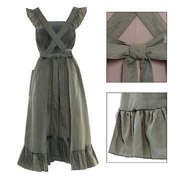 Vibsion Vintage Ruffle Apron for Women Colonial Pioneer Pinafore Apron Cross Back Garden Cooking Aprons with Pockets