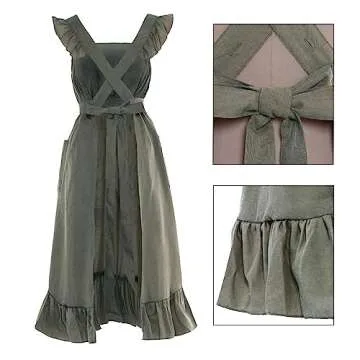 Vibsion Vintage Ruffle Apron for Women Colonial Pioneer Pinafore Apron Cross Back Garden Cooking Aprons with Pockets