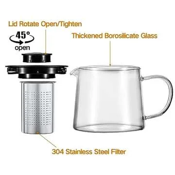 Glass Teapot 34oz/1000ml with Removable Stainless Steel Infuser Tea pot, Heatproof Borosilicate Glass Tea Make, Stovetop Safe Glass Tea Kettle for Loose and Blooming Leaf Tea