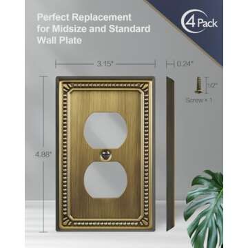ZILLSEA 4-Pack Antique Brass Metal Wall Plates, Single Duplex Wall Outlet Cover for Receptacle, Light Switch, 1 Gang Decorative Sunken Pearls Switch Plates, 3.15''*4.88'', Midsize