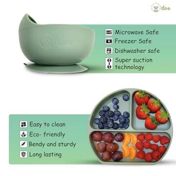 O'doe 11-Piece BPA-Free Silicone Baby Feeding Set | Thick & Soft Suction Plates, Baby Bowls, Wooden Fork & Spoon, and More | Make Mealtime Fun and Easy for Your Little One (Green, V1)