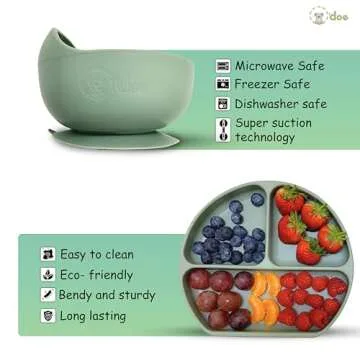 O'doe 11-Piece BPA-Free Silicone Baby Feeding Set | Thick & Soft Suction Plates, Baby Bowls, Wooden Fork & Spoon, and More | Make Mealtime Fun and Easy for Your Little One (Green, V1)