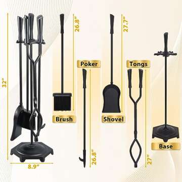 FEED GARDEN Fireplace Tools Set 5 Pieces Modern 32 Inch Outdoor Wrought Iron Fireplace Accessories S...