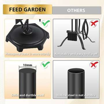 FEED GARDEN Fireplace Tools Set 5 Pieces Modern 32 Inch Outdoor Wrought Iron Fireplace Accessories Set with Log Holder Poker, Tong, Shovel, Brush, Base, Black