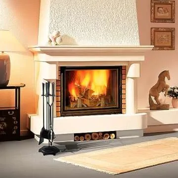 FEED GARDEN Fireplace Tools Set 5 Pieces Modern 32 Inch Outdoor Wrought Iron Fireplace Accessories Set with Log Holder Poker, Tong, Shovel, Brush, Base, Black