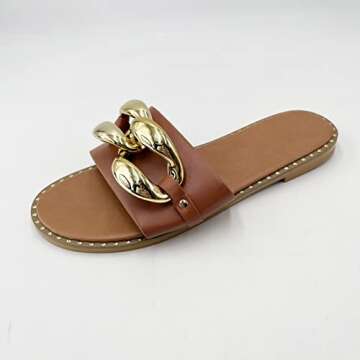 Powerpurlife Women's gold chain decorated flat sandals slippers peep toe one word sandals.(A Middle coffee 39)