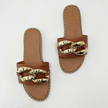 Powerpurlife Women's gold chain decorated flat sandals slippers peep toe one word sandals.(A Middle coffee 39)