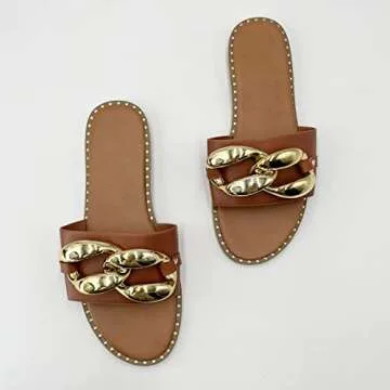 Powerpurlife Women's gold chain decorated flat sandals slippers peep toe one word sandals.(A Middle coffee 39)