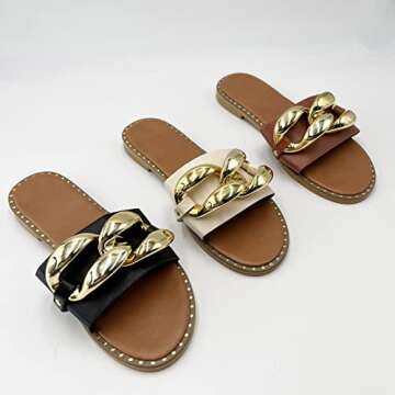 Powerpurlife Women's gold chain decorated flat sandals slippers peep toe one word sandals.(A Middle coffee 39)