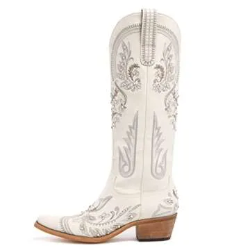 Embroidered Rhinestones Knee High Cowgirl Boots - Classic Western Style