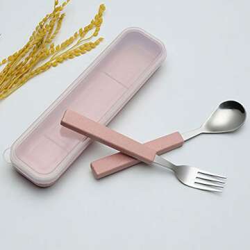 VANRA 2-Piece Children Flatware Set 18/10 Stainless Steel Child Tableware Set Silver Cutlery Set Silverware Dinner Utensils Spoon Fork Set with Travel Case for Kids (Chrome Finished) (Pink)