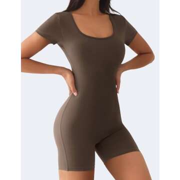 YEOREO Short Sleeve Jumpsuit for Women V Back Scrunch Butt Shorts Bodysuit Lizvette Open Back Workout Romper One Piece Bodycon Coffee Meidum