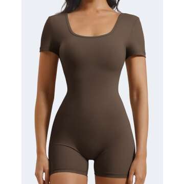 YEOREO Short Sleeve Jumpsuit for Women V Back Scrunch Butt Shorts Bodysuit Lizvette Open Back Workout Romper One Piece Bodycon Coffee Meidum