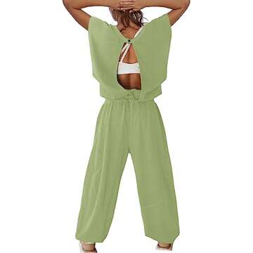 LAMISSCHE Womens Oversized Wide Leg Jumpsuit with Pockets Elastic Waist Workout Onesie Romper Open B...