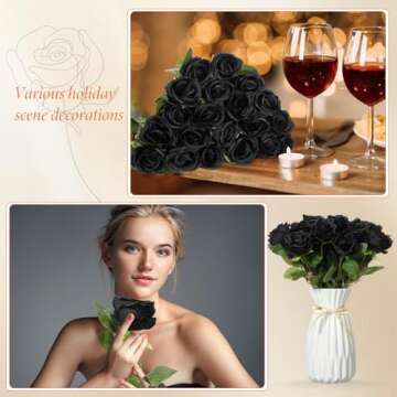 Hotop 20 Pcs Artificial Rose Flowers with Long Stem,Real Touch Silk Realistic Plastic Bouquet Roses Bulk for Home Decor Bridal Wedding Party Table Centerpieces Decorations(Black)
