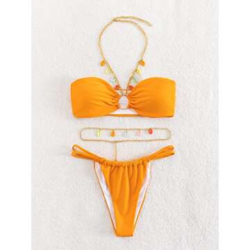 MakeMeChic Women's 3 Piece Swimsuit Ring Linked Halter Thong Bikini Set with Chain