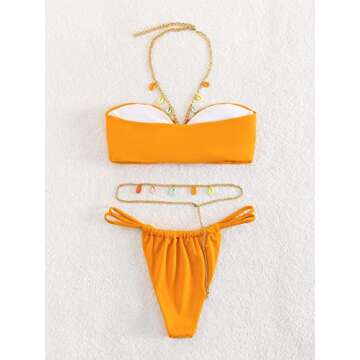 MakeMeChic Women's 3 Piece Swimsuit Ring Linked Halter Thong Bikini Set with Chain