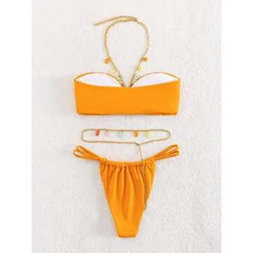 MakeMeChic Women's 3 Piece Swimsuit Ring Linked Halter Thong Bikini Set with Chain