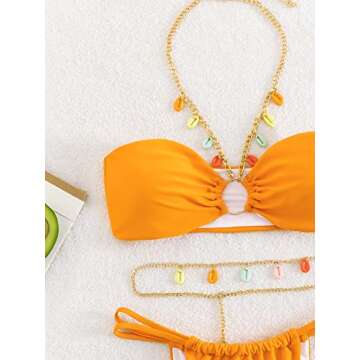 MakeMeChic Women's 3 Piece Swimsuit Ring Linked Halter Thong Bikini Set with Chain