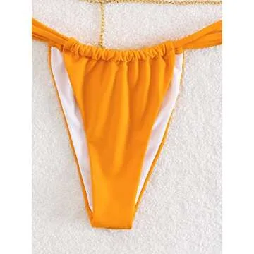 MakeMeChic Women's 3 Piece Swimsuit Ring Linked Halter Thong Bikini Set with Chain