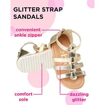 bebe Girls’ Sandals - Glittery Strapped Gladiator Slides - Toddler Girls Summer Strapped Sandals (5T-8T), Size 8 Toddler, Light Gold