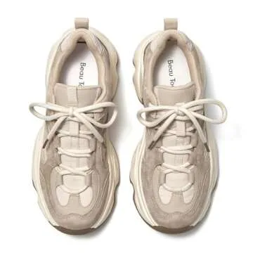BEAU TODAY Sneakers for Women, Womens Fashion Sneakers, Platform Dad Shoes Comfortable Lace-Up Leather Casual Sneakers Beige US 8