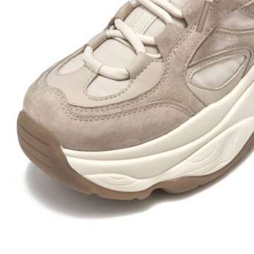 BEAU TODAY Sneakers for Women, Womens Fashion Sneakers, Platform Dad Shoes Comfortable Lace-Up Leather Casual Sneakers Beige US 8