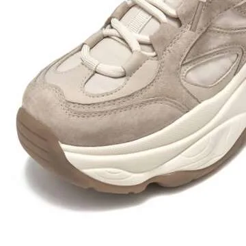 BEAU TODAY Sneakers for Women, Womens Fashion Sneakers, Platform Dad Shoes Comfortable Lace-Up Leather Casual Sneakers Beige US 8