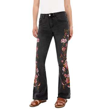 Wide Leg Flared Jeans for Women Floral Embroidered Style
