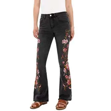 Wide Leg Flared Jeans for Women Floral Embroidered Style