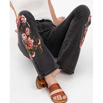 Wide Leg Flared Jeans for Women Floral Embroidered Style