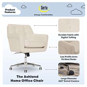 Serta Ashland Home Office Desk Chair with Button Tufted Back, Memory Foam Cushion and Padded Arms, Mid Century Modern Vanity Armchair with Wheels for Bedroom, Chrome Metal Base, Cream