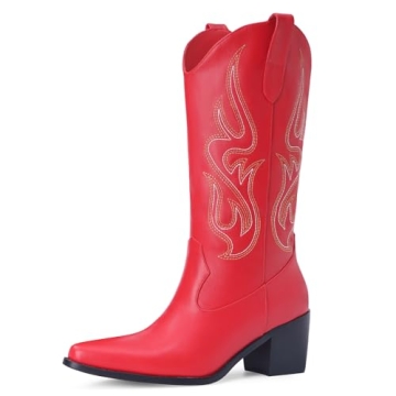 Pasuot Red Cowboy Boots for Women - Mid Calf Cowgirl Western Boots with Embroidery, Pointed Toe Retr...