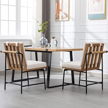 DUOMAY Mid-Century Modern Dining Chairs Set of 4, Linen Upholstered Side Chair with Rear Handle, Armless Chair with Metal Legs for Kitchen Dining Room Living Room Vanity, White