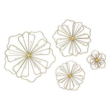 Bellaa 23271 Flower Metal Wall Art 3D Contemporary Modern Abstract Large Decorative Minimalist Sculpture Living Room Boho Home Decor Outdoor Garden Patio Farmhouse Ranch Set of 4 Light Gold