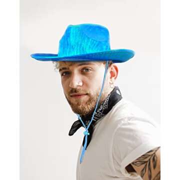 LMJFOR Green Space Cowgirl Hat with Bandana, Women Neon Sparkly Cowboy Hat Iridescent Cowboy Hats St Patricks Day Bachlorette Halloween Party Role Play Christmas Costume Accessorie