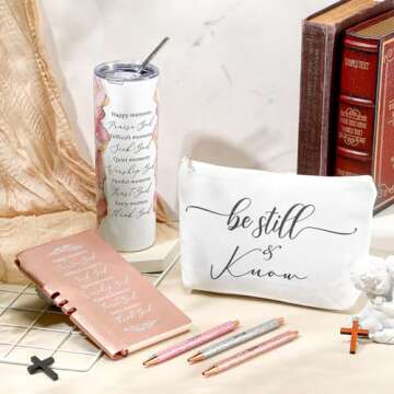 Domensi 6 Pcs Christian Gifts for Men Women Pink 20 oz Marble Sign Tumbler Makeup Bag A6 Notepad with Ballpoints Religious Appreciation Gift for Pastor Pastor's Wife Godmother Sunday School Church