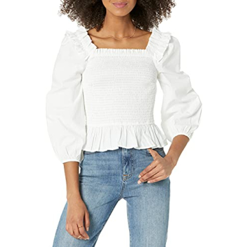 The Drop Women's Marisol Long Sleeve Ruffle Smocked Cropped Top, White, L