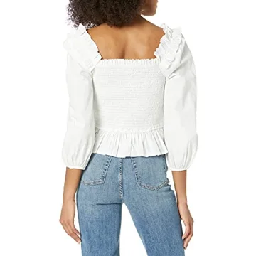 The Drop Women's Marisol Long Sleeve Ruffle Smocked Cropped Top, White, L