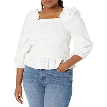 The Drop Women's Marisol Long Sleeve Ruffle Smocked Cropped Top, White, L