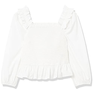 The Drop Women's Marisol Long Sleeve Ruffle Smocked Cropped Top, White, L
