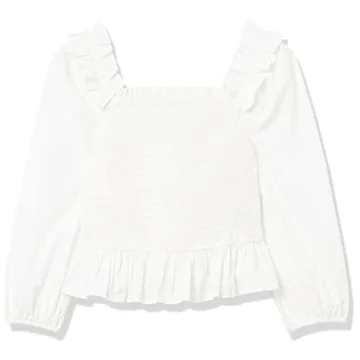 The Drop Women's Marisol Long Sleeve Ruffle Smocked Cropped Top, White, L